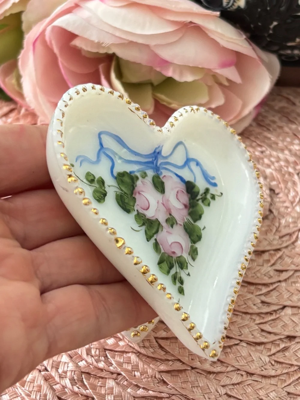 Vintage Milk Glass Hand Painted Flowers Heart Shaped Trinket Dish (set of 2)